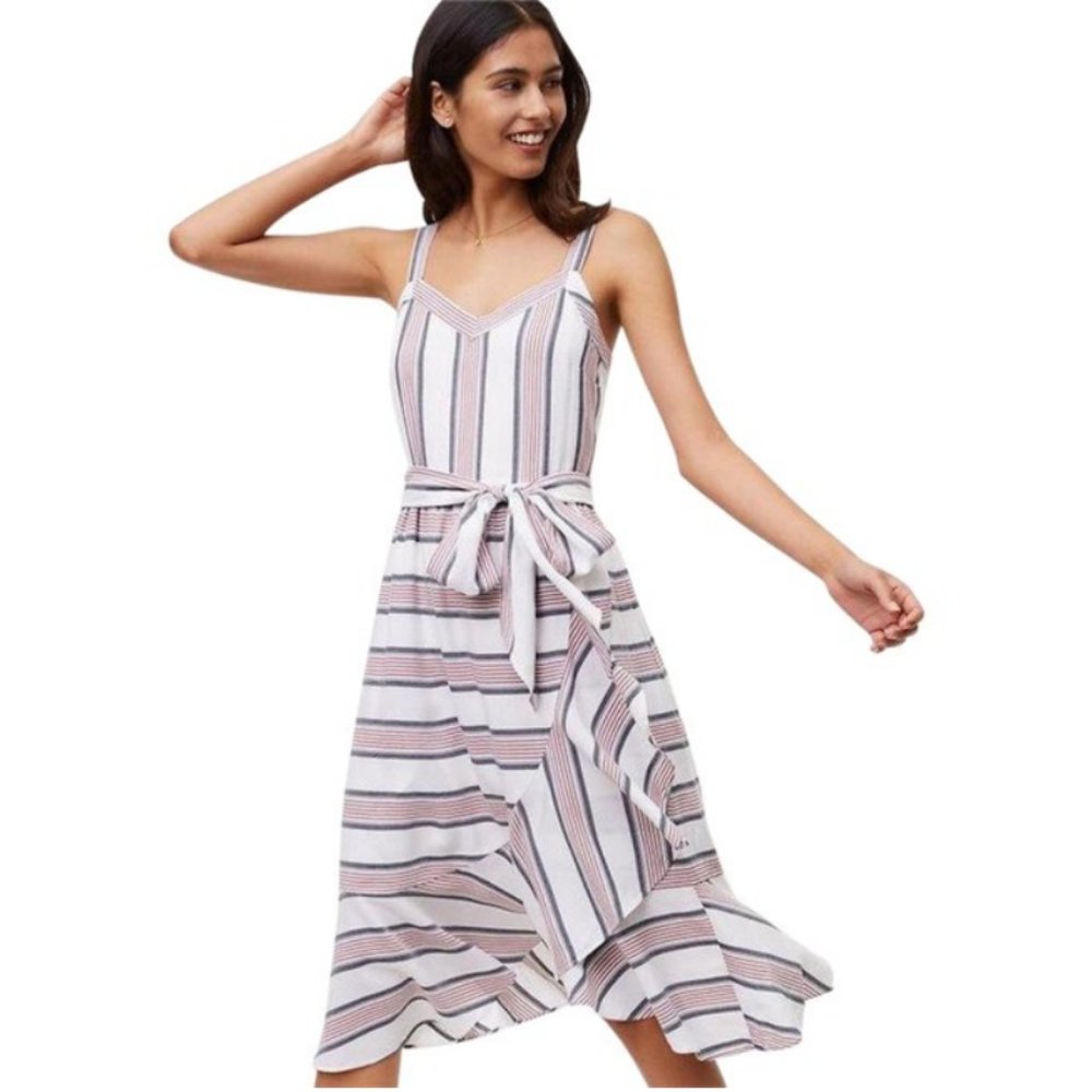 NWT LOFT White Blue Red Striped Ruffle Wrap Midi Dress 6